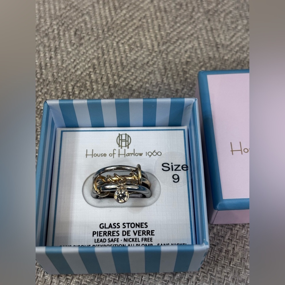 House of Harlow 1960 Two-Tone Gold & Silver Stackable Ring with Clear Stone